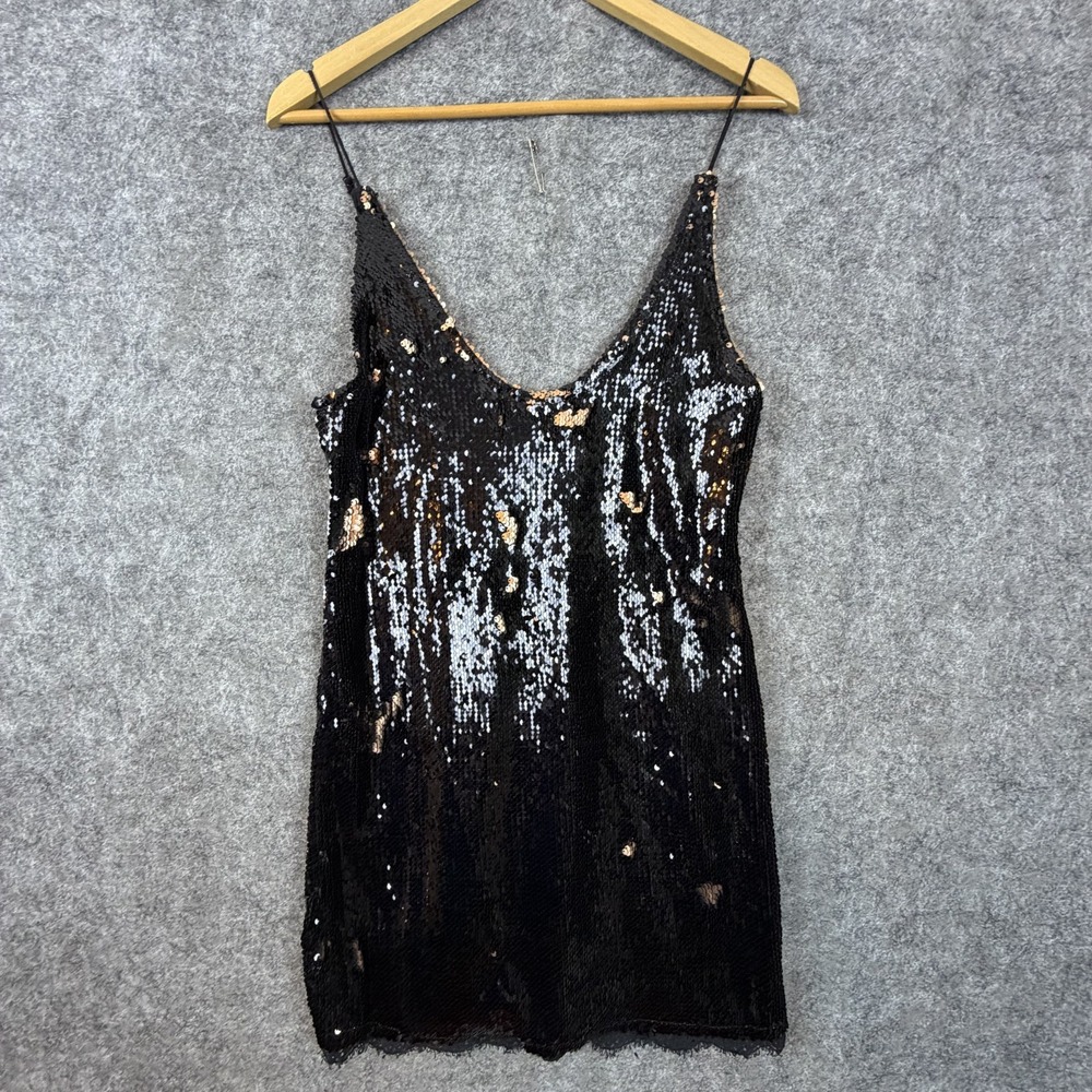 Free People Seeing Double Sequin Slip Dress Womens Medium Black Gold Party